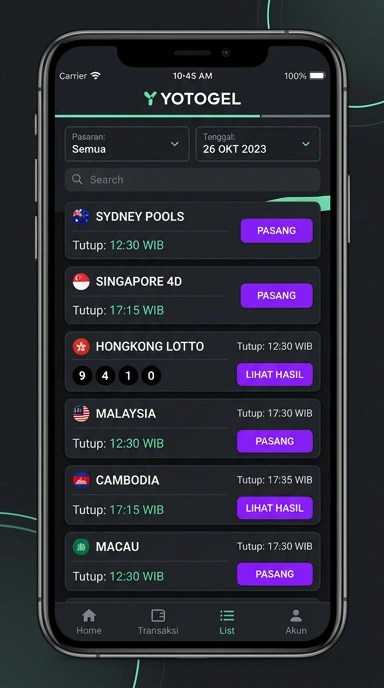 Tampilan halaman daftar yotogel
