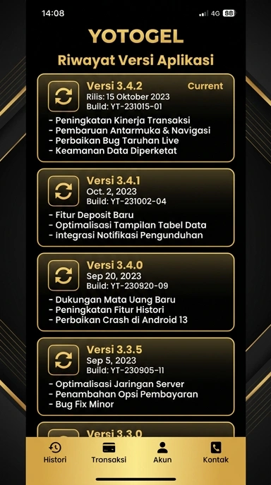 Tampilan riwayat versi yotogel